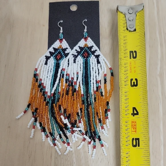Handcrafted Beaded Fringe Earrings - White, Gold, Black Purchased In NM - Picture 3 of 3